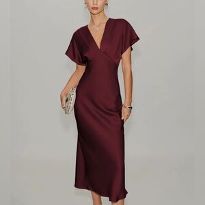 Rihoas Wine Red Satin Cowl Sleeve Midi Dress